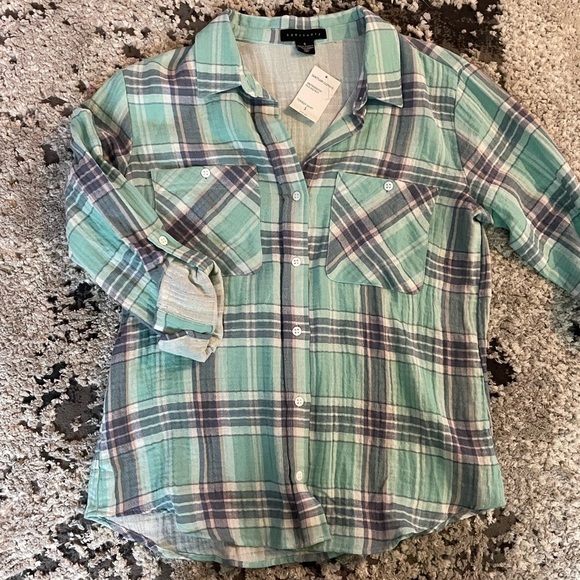 NWT Sanctuary Women’s Tomboy Shirt Plaid Aqua and Navy - Picture 3 of 4
